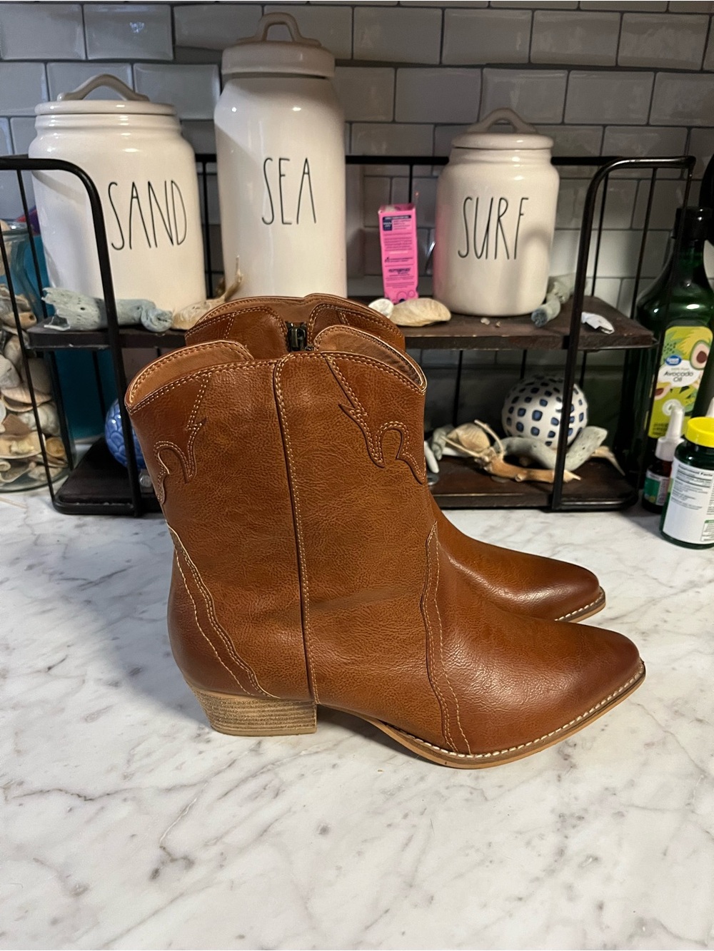 CCOCCI Tan Western Ankle Booties with Stacked Heel worn once size 10